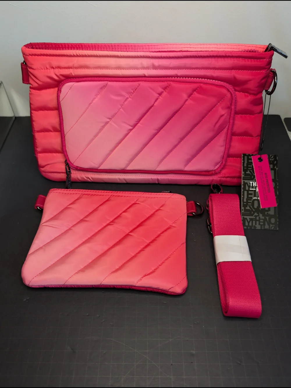 THINK ROYLN Pink Ombre Quilted Crossbody Bag Zip Silver Hardware Strap & Pouch
